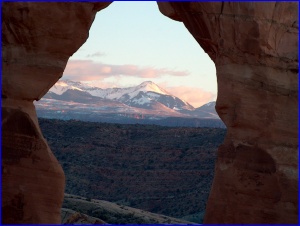 The La Sals through Delicate Arch
